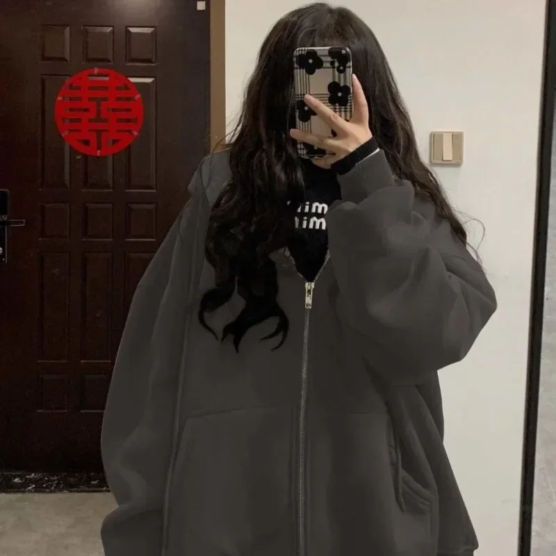 

Korean Casual Zip Up Oversized Hoodies For Women Winter Harajuku Warm Fleece Thicken Hooded Sweatshirt Streetwear Y2k Tops
