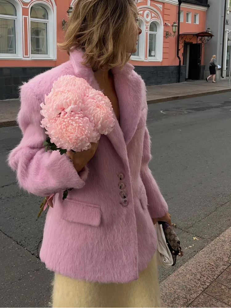 Chaqueta de lana con bolsillos y solapa para mujer, abrigo holgado de manga larga con botonadura simple, color rosa, elegante, a la moda, 2024