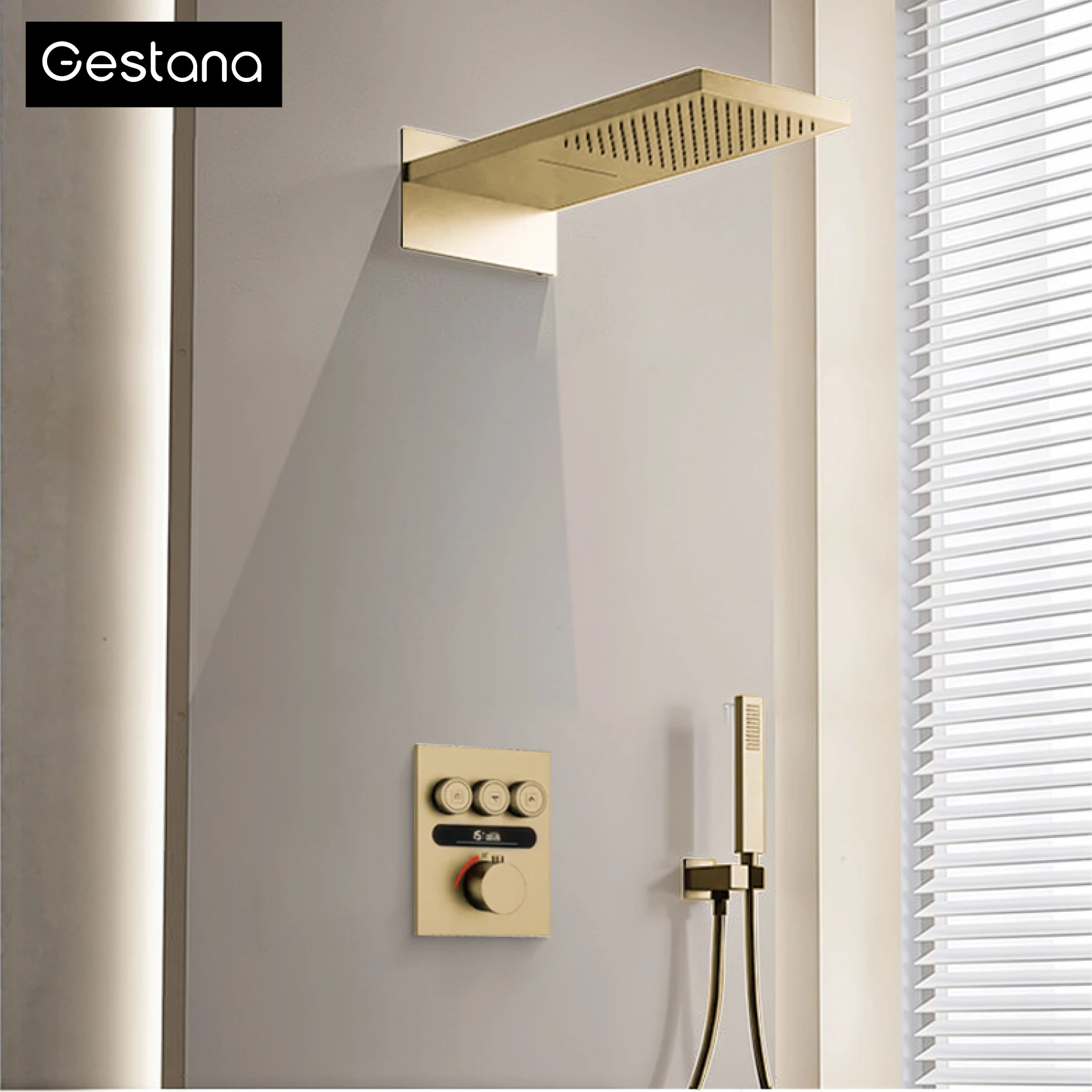 Luxury Brass Brushed Gold LED Digital Display Constant Temperature Shower System with Hot&Cold Water Ceiling Embedded Bath Mixer
