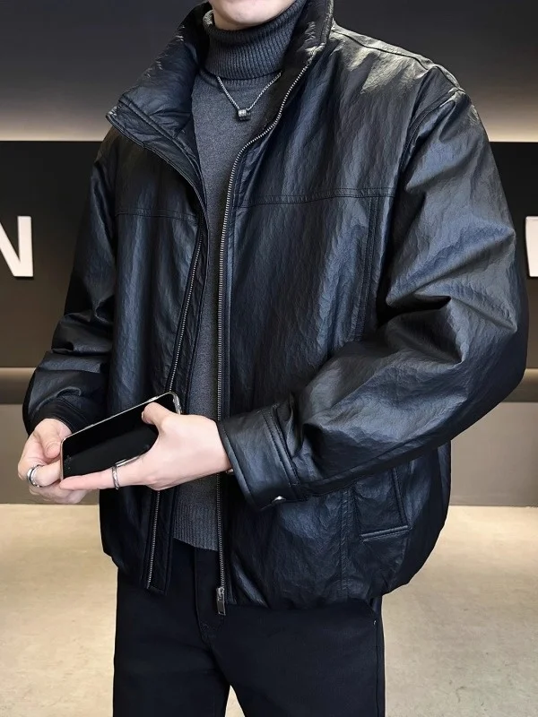 

Новая легкая кожаная пуховая куртка Haome 2025 года для мужчин: модная, теплая, морозостойкая, с воротником-стойкой