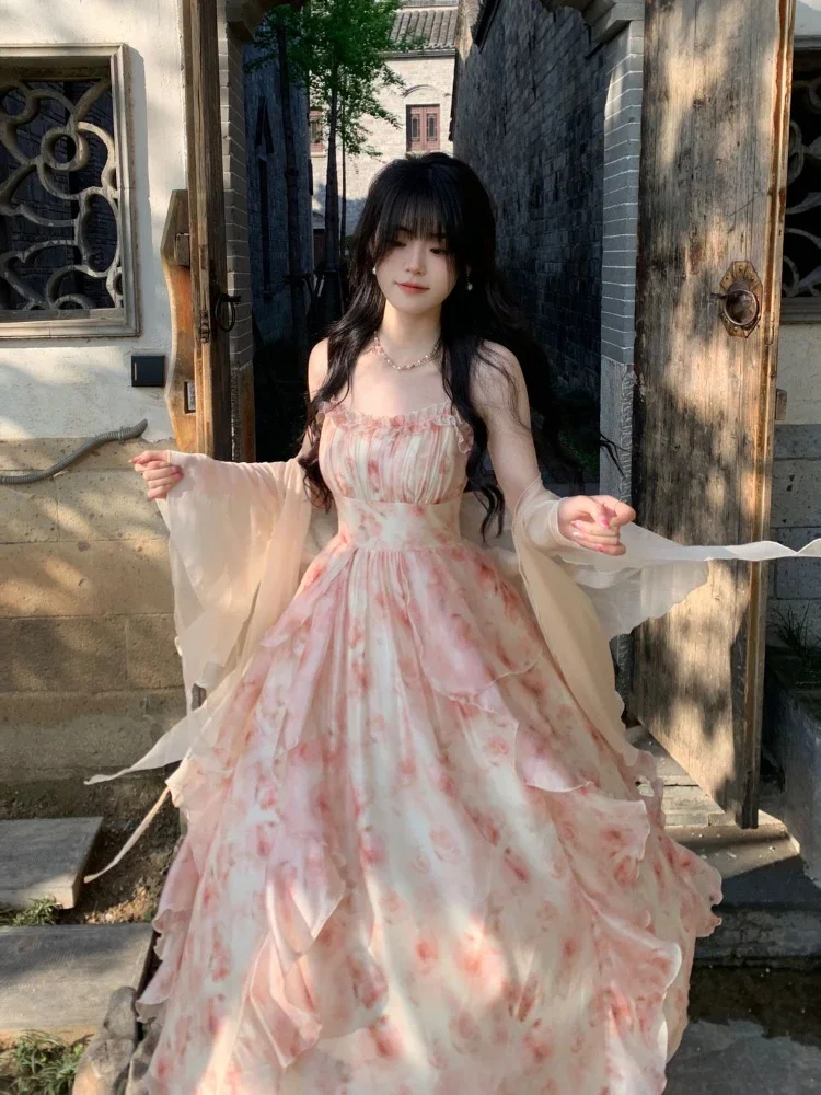 

25 Elegant Chiffon Summer Casual Slim Strap Dress + Fairy Cardigan Fashion Chic Vintage Suit Even Party 2 Piece Dress Sets Women