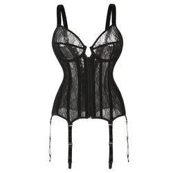 Sexy espartilho lingerie bustier superior feminino plus size push up gótico rendas até espartilho liga cinto alça de ombro corselet preto S-2XL