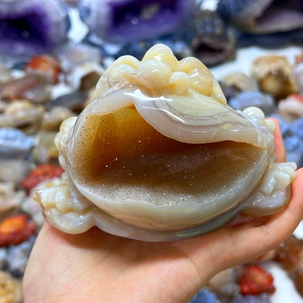 1PC Natural Geode Agate Geode Jin Chan Crystal Agate Hand Carved Statue Animal Figurine Crystal Healing Home Decoration