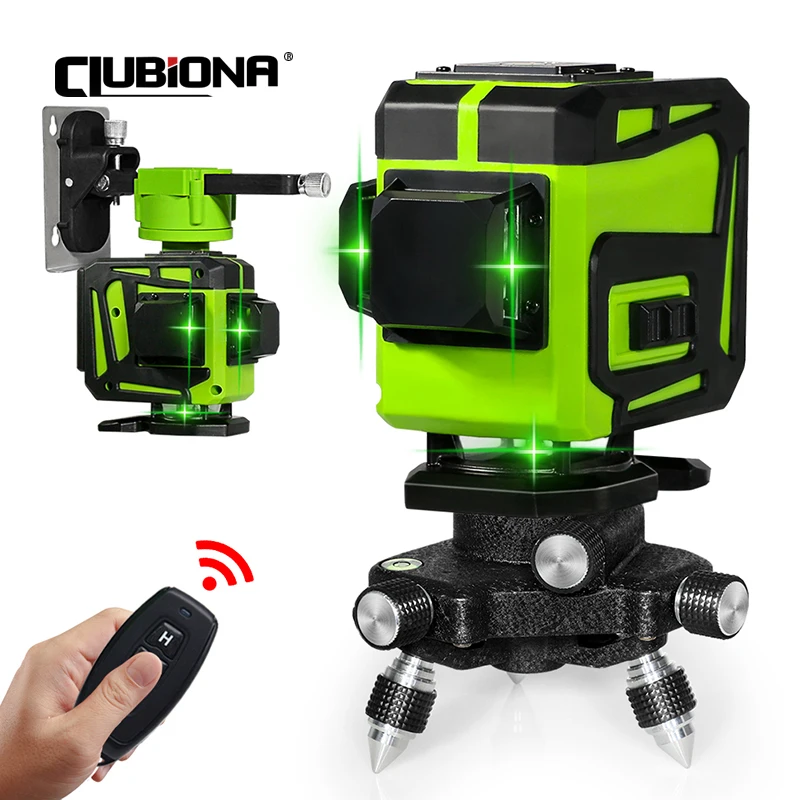 

CLUBIONA 3D 12 Lines Green Beam Laser Level 360° Self-Leveling Cross Line Construction Tool With Pivoting Base Remote Control