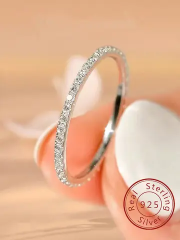 925 스털링 실버 1.4mm 패션 단순 전체 지르콘 쌓을 수있는 일반 반지 여성을위한 일일 파티 맞춤형 파인 쥬얼리