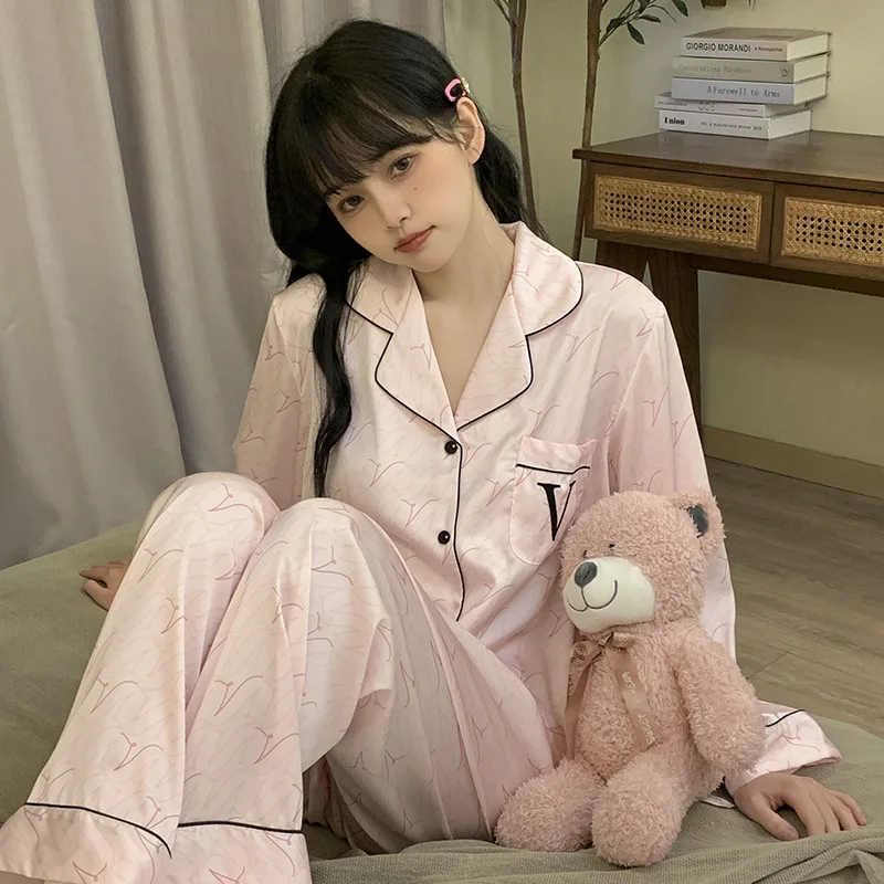 Princess Style Pajamas Lady Shirt&pants Luxury Print Letter Nightwear Ice Silk Trousers Suit 2Pcs Long Sleeve Homewear Sleep Set