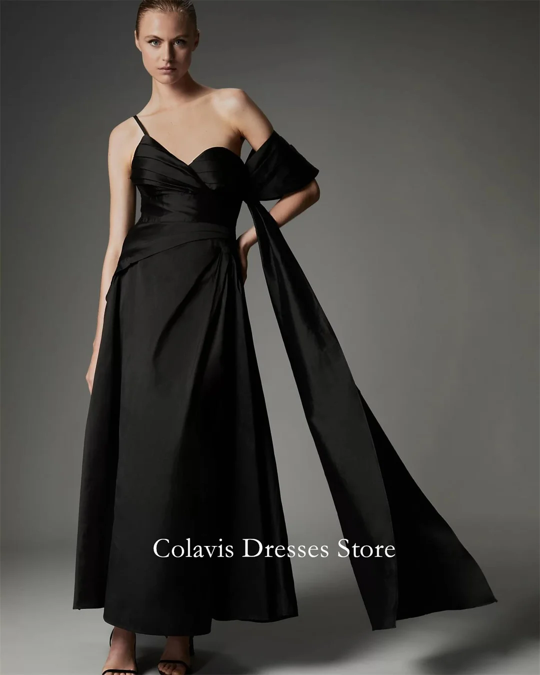 

2025 Customized One-Shoulder Short Sleeves A-Line Black Prom Dresses Evening Dress Women Evening Gowns Formal Party Dress