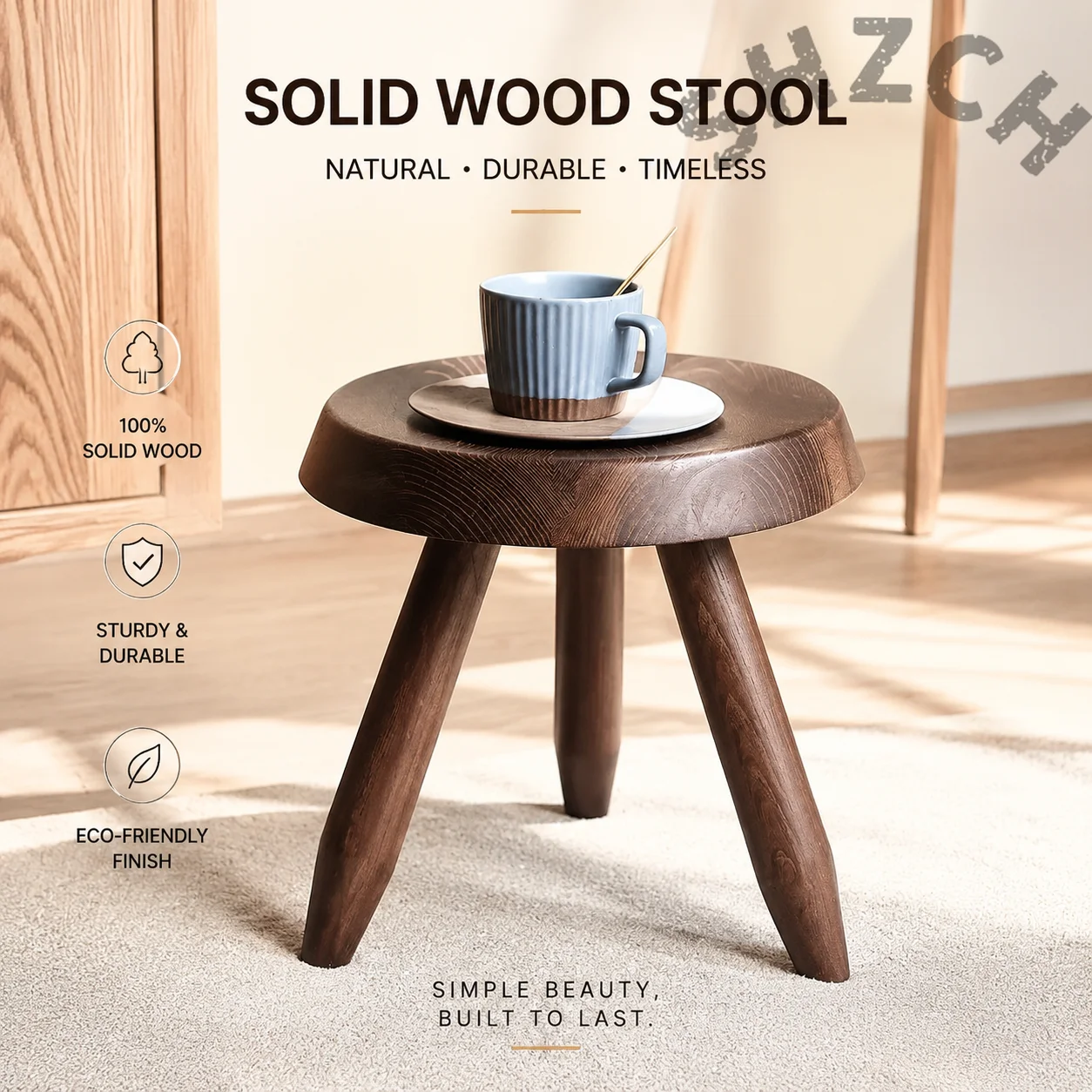 Modern Round Wooden Step Stool for Entryway, Bedroom, or Living Room – Compact Solid Wood Footstool