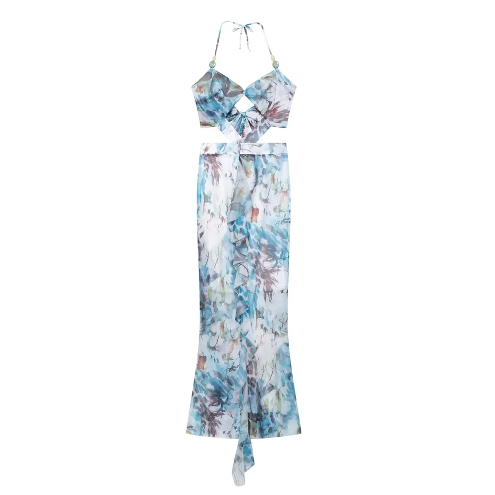 

BSK&TRAF2025women's seaside holiday style halter neck sleeveless printed long high waist dress long skirt summer new products