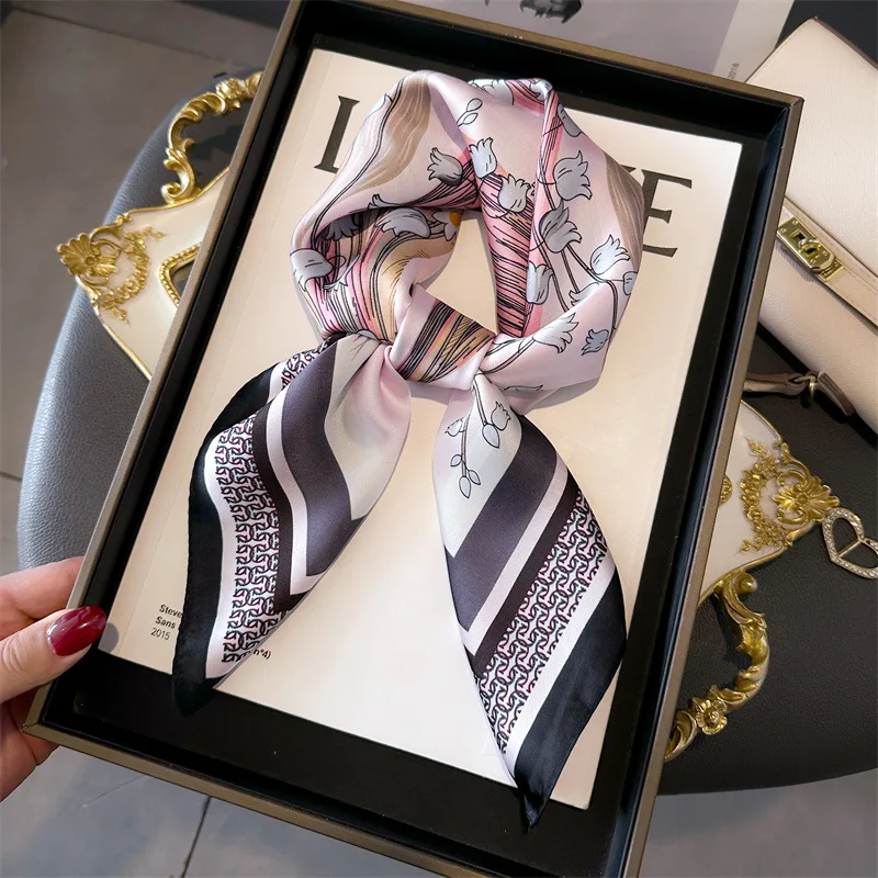 

Women Spring Autmn Decoration Gift Flower Printed Soft 70cm Fashion Small Handkerchief Gift Imitated Silk Square Scarf