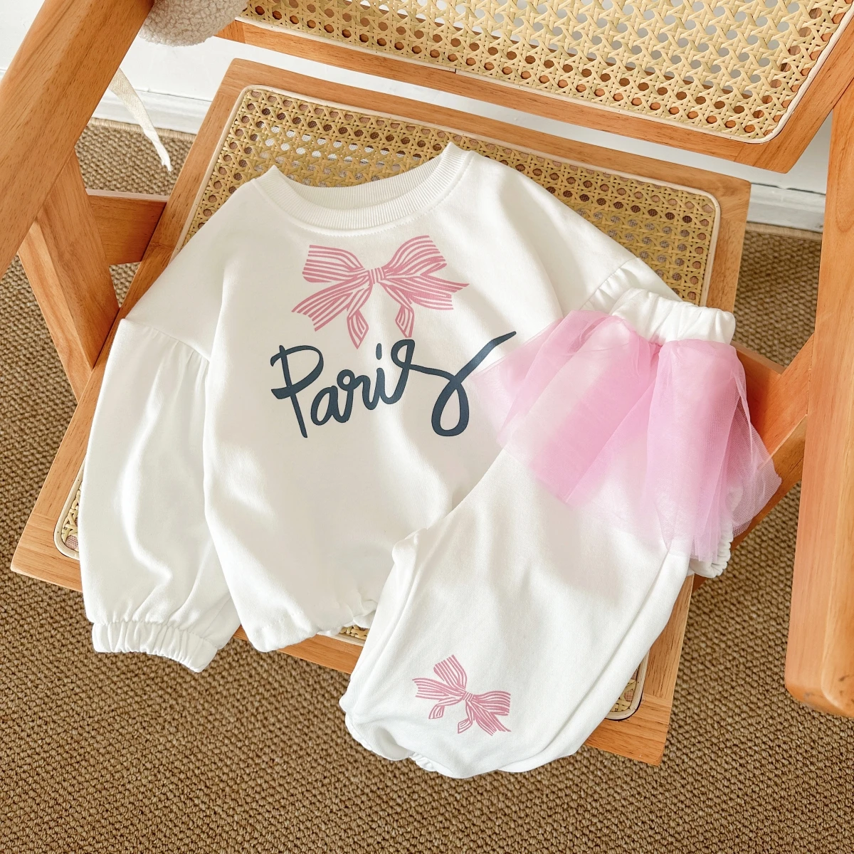 Spring Autumn Girl Baby Clothing Cotton Set Top+Pants 2PCS Long Sleeved Bow Print Cartoon Pullover Lace Girl Casual 1-4Y