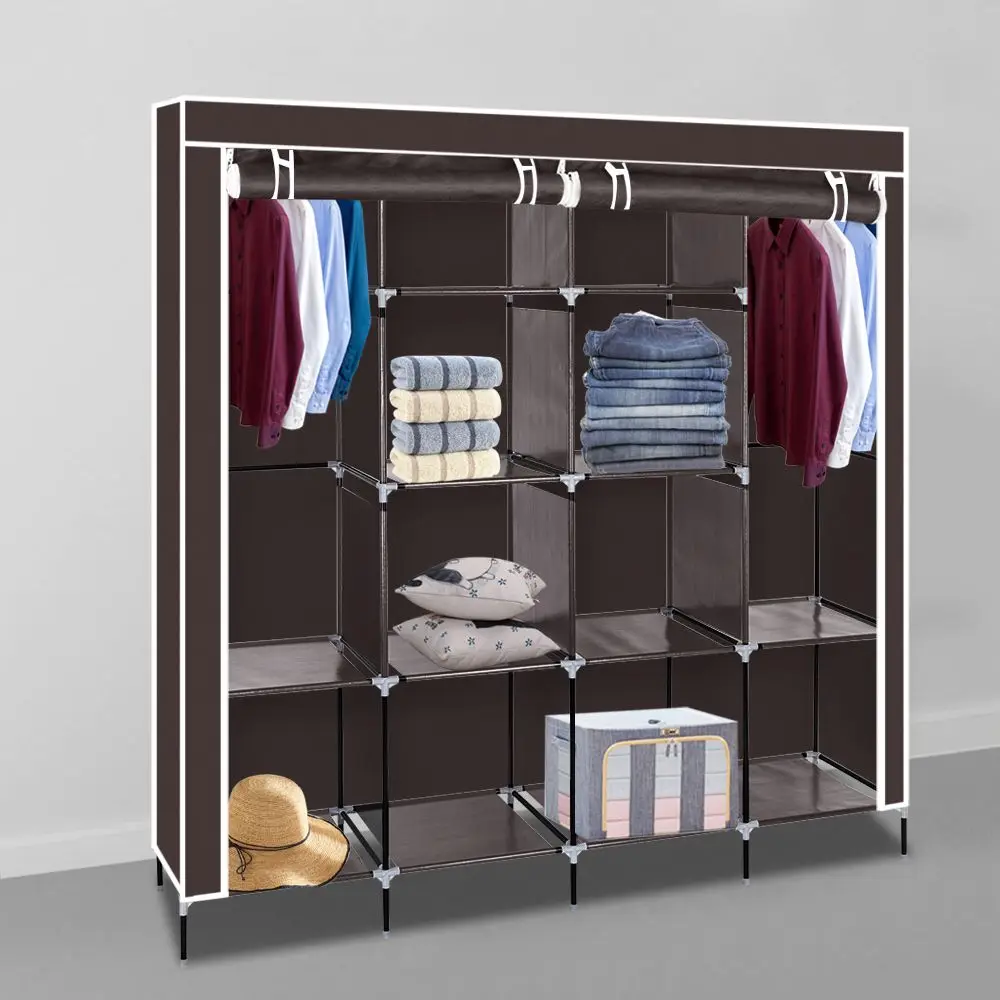

67" Clothes Closet Portable Wardrobe Clothes Storage Rack 12 Shelves 4 Side Pockets Dark Brown,Bedroom Wardrobes