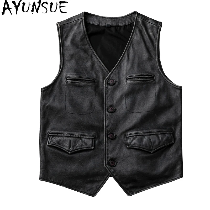 

AYUNSUE Genuine Leather Jackets Mens Clothing Retro Cowhide Vest Black Jacket Fashion Short Vests Jaqueta De Couro Masculino