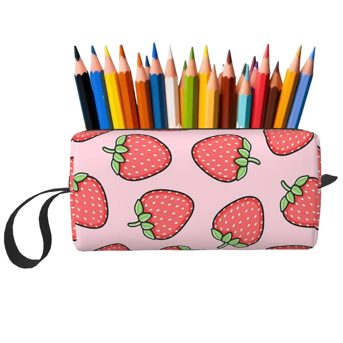 Rosa Erdbeer-Muster Cartoon-Federmäppchen für Studenten, Geschenke, Stiftbox, Bleistiftbeutel, Schreibwaren, Reise-Organizer für Frauen