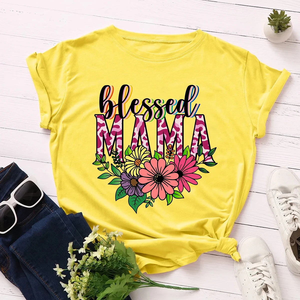 Mom Letter Print T-Shirt Short Sleeve Casual Top For Spring & Summer, Women'S Clothes Summer Femme Tshirt Yellow Shirt Tops