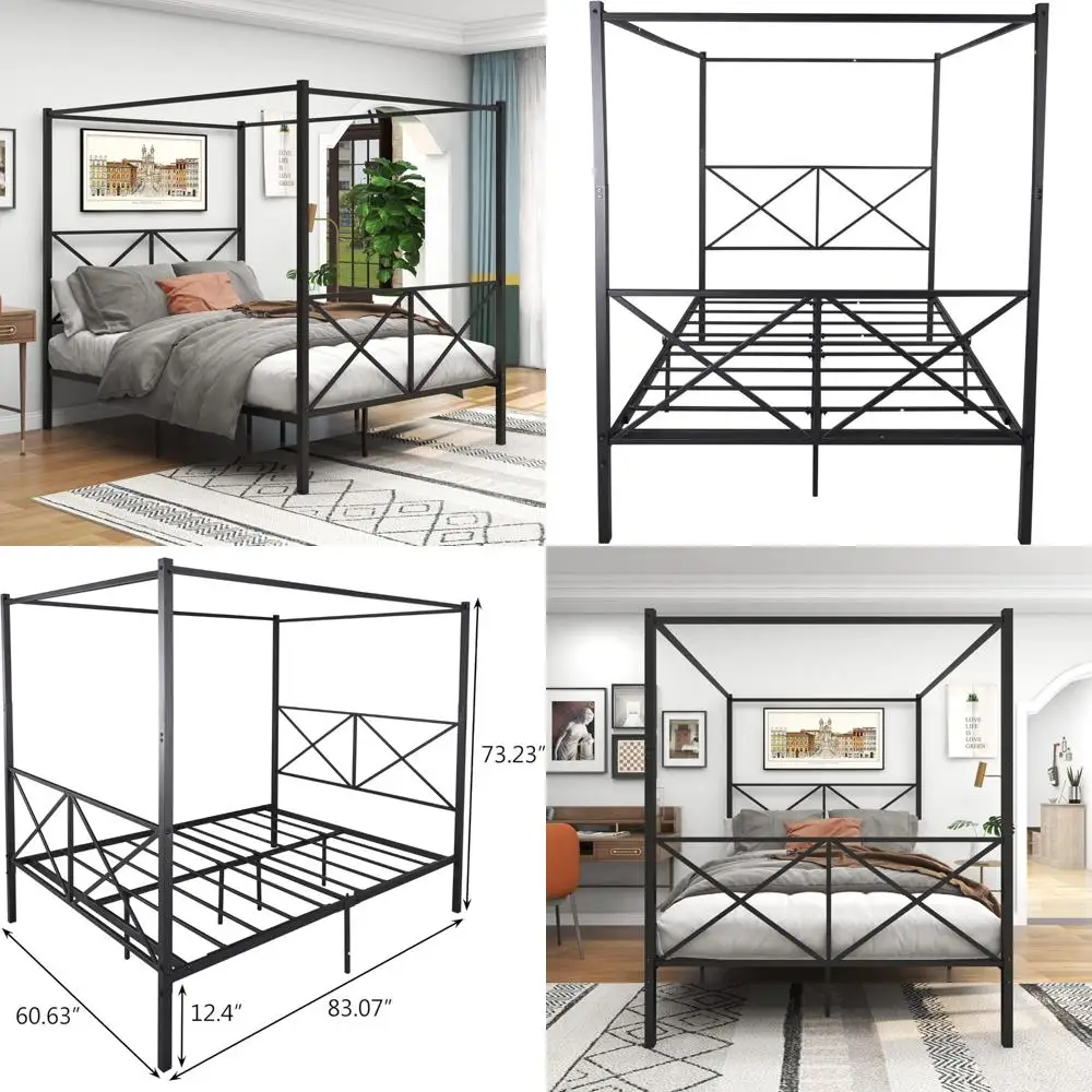 

Modern Steel Queen Size Canopy Bed Frame with Metal Headboard and Footboard, Platform Bed with Heavy Duty Slats, Blue