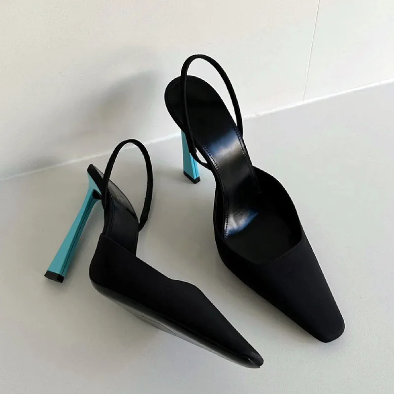 2026 New Summer Square Toe Shallow Mouth High Heels Sandals Blue Heel Black Satin Sexy Sandals Women Party Dress Runway Pumps