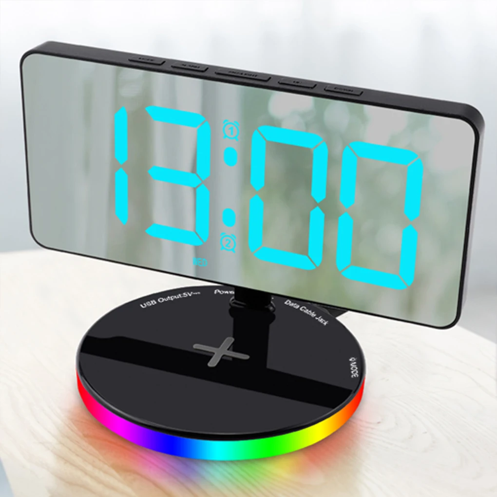 RGB Night Light Base, Day and Night Mode, Display Time Week with 2 Alarm, Wireless Charge Clock for External Cellphone