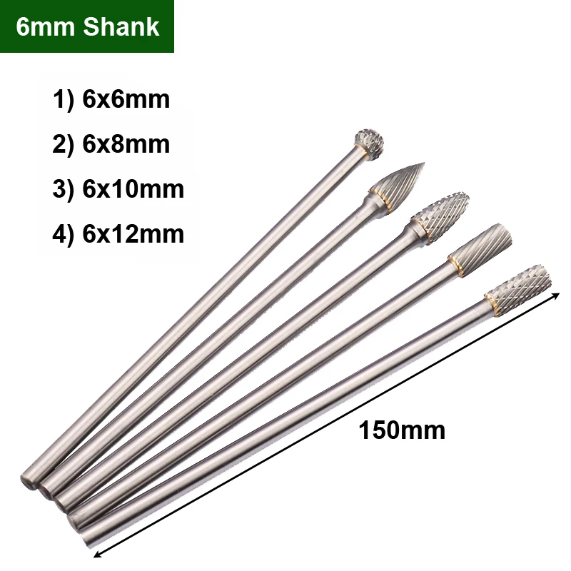 8Pcs 150mm Long 6mm Shank Tungsten Carbide Rotary Files Set - Power Drill Aluminum Milling Burr Die Grinder Carving Bit Point