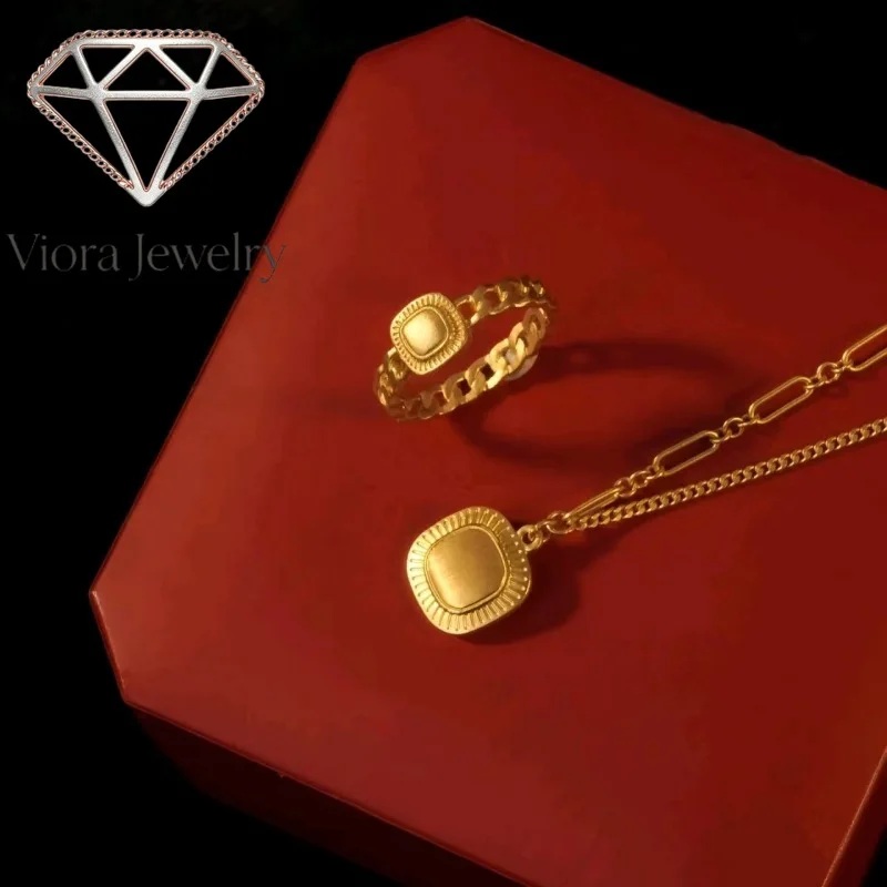 Viora Jewelry 9999 24K Real Gold Golden Years Jewelry Three Piece Set  Necklace, Small Square Candy Earrings, Retro Luxury Jewel