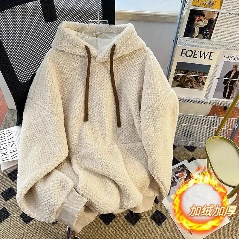 Men Winter Thick Fuzzy Fleece Hoodie Solid Loose Splice Pullover Hooded New Sweatshirt Warm Casual Daily Hoodies Outerwear
