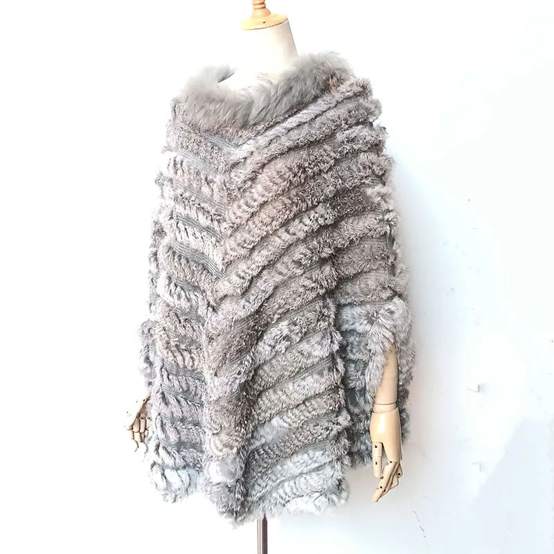 Plus Size Real Rabbit Fur Pullover Luxury Knitted Raccoon Fur Poncho Pashmina Fashion Women Autumn Luxury Real Fur Cape