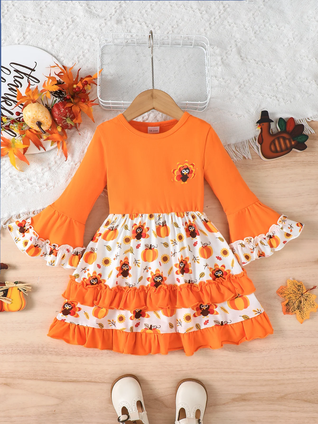 Toddler Girls Autumn Thanksgiving Dress Orange Long Sleeve Tiered Ruffle Dress Pumpkin Print Kids Halloween Outfit For 1-4Y Wear