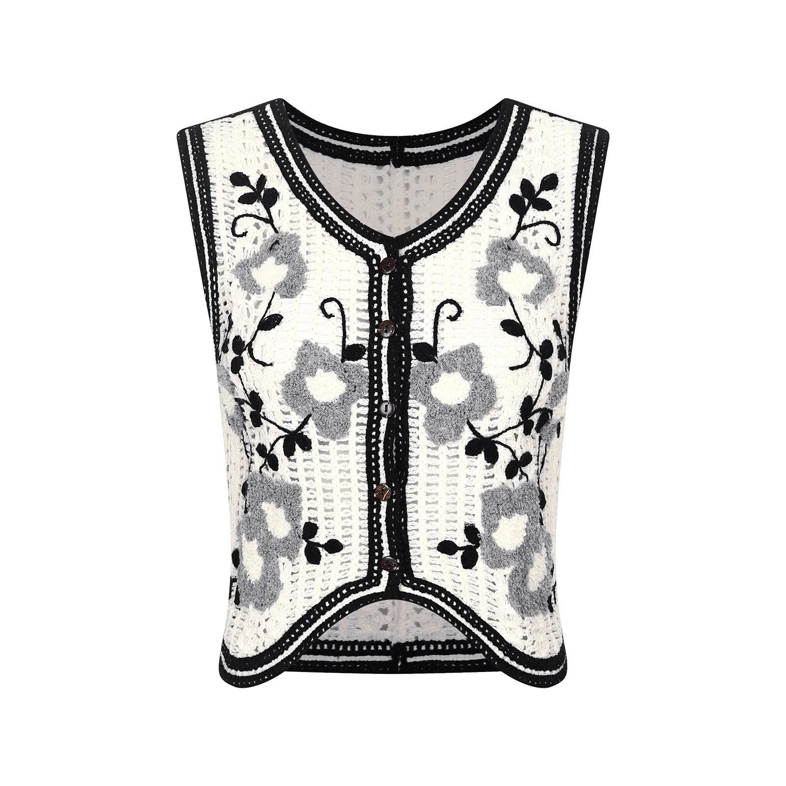 

Fashion Women Retro Hollow Out Knitted Vest V Neck Flower Pattern Waistcoat Sleeveless Button Jacket Knitwear Tops Coat Spring