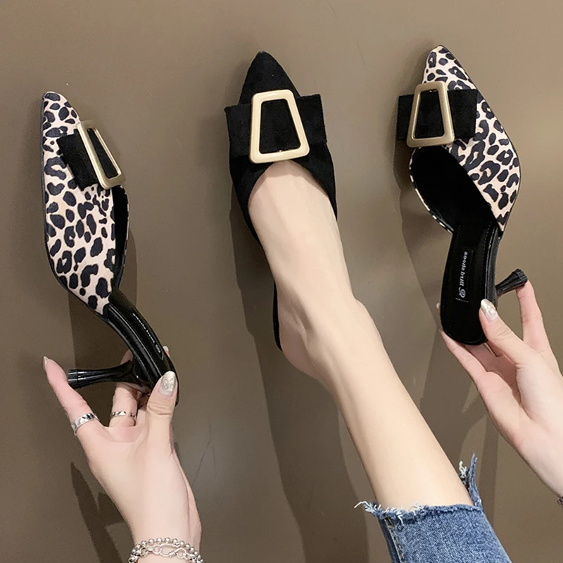 Mules For Women 2024 Leopard Shoes Slippers Flat Cover Toe Thin Heels Slides Pantofle Fashion Summer Pointed New Luxury High Rub