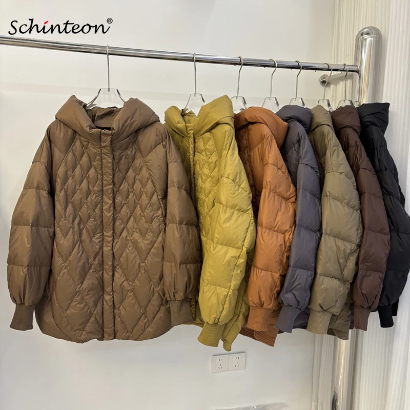 Schinteon Women's White Duck down Jacket with Hood Casual Loose Over Size Argyle Warm Autumn Winter Outwear 2025 New Coat