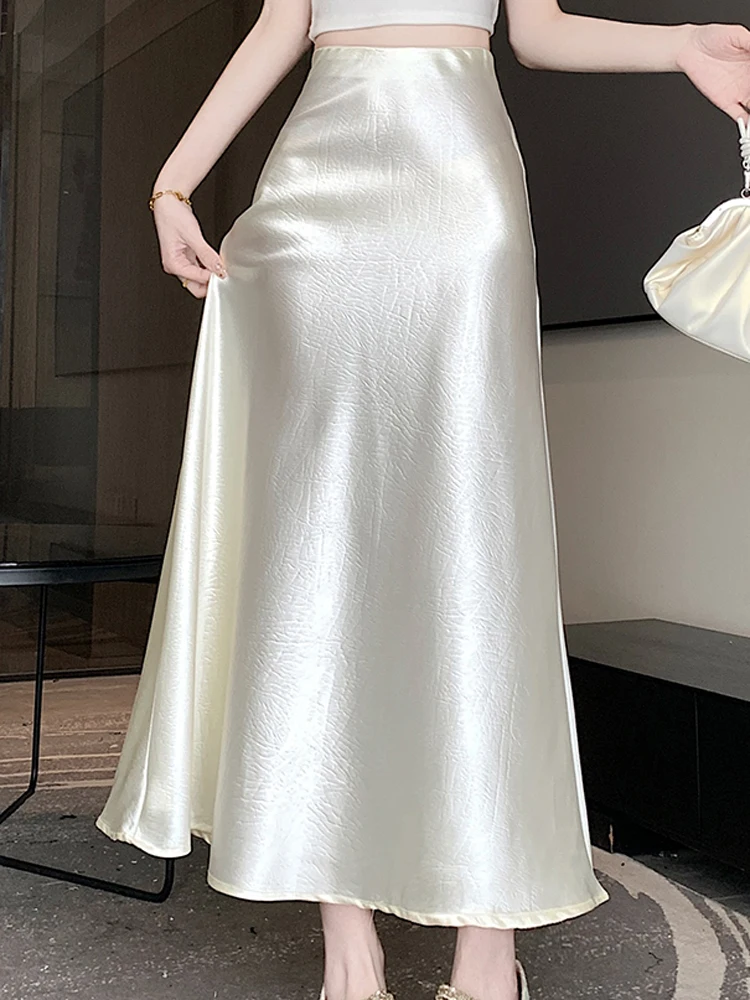 Satijnen Rok Voor Vrouwen 2024new Zomer Franse Hoge Kwaliteit Elegante Heup Gewikkelde Fishtail Mid Length Effen Kleur Lange Rok Type-A