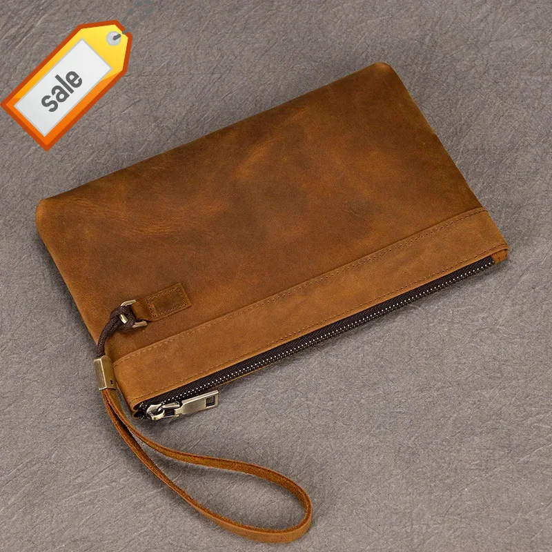 

Genuine Leather Long Men Women Zipper Hand Clutch Card Cash Coin Purse Real Cowskin Wallet Phone Pouch With Wrist