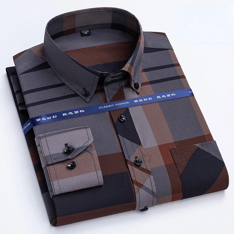 6XL Bronzing Craft Free Ironing Anti-wrinkle Business Male Social Formal Shirts Casual Printing Slim Fit Long Sleeve Shirt Men