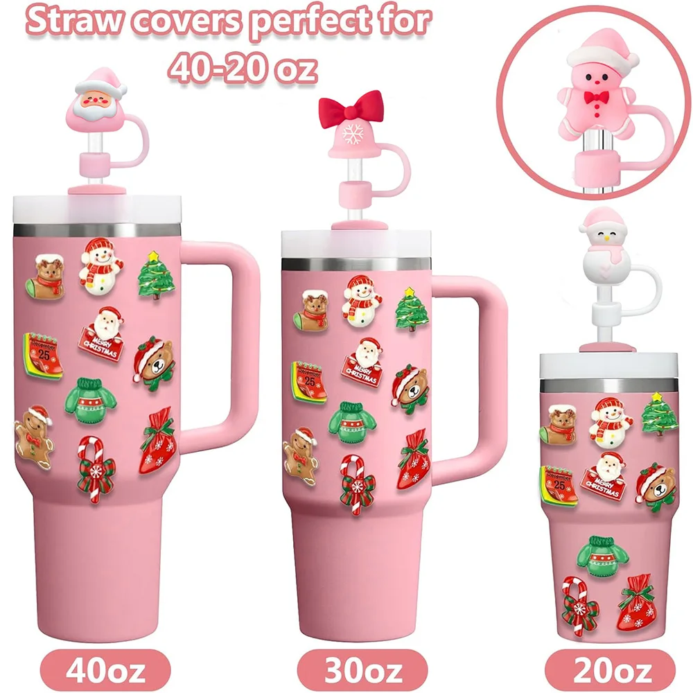 8 Pcs Christmas Straw Toppers for Stanley 30oz 40oz Tumbler Cup Water Bottle, Santa Claus Xmas Tree Straw Cover Caps Decoration