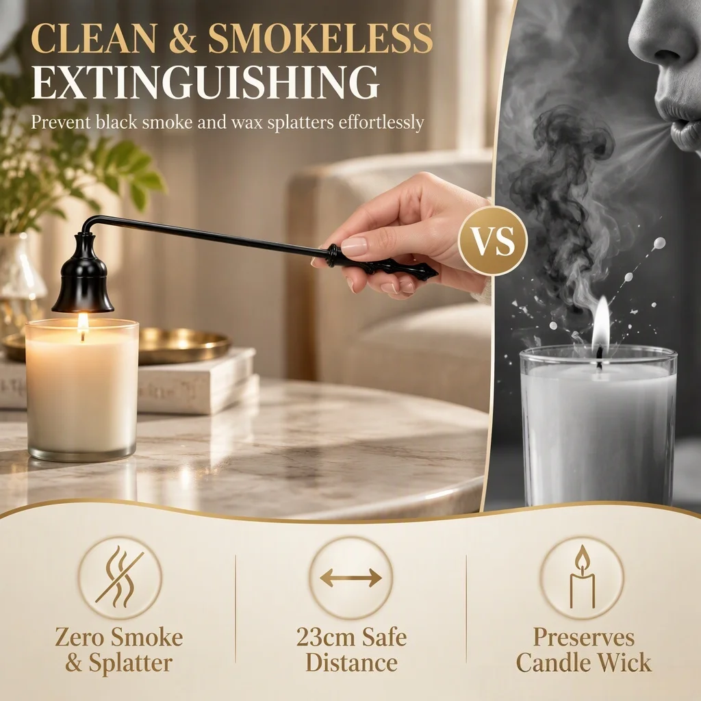 Black Candle Snuffer with 23cm Extended Handle, Pivoting Bell Snuffer, Stainless Steel Candle Extinguisher for Scented Jar Candl