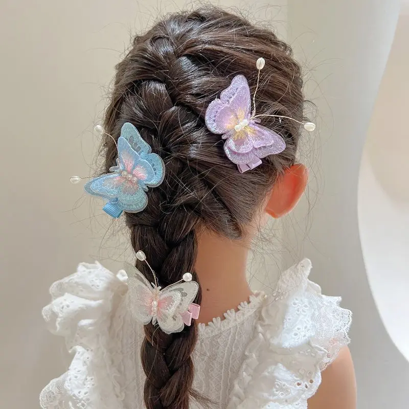 2pcs Mesh Embroidery Fabric Butterfly Hair Clip Sweet Baby Girls Hair Side Clip Countryside Style Kids Super Fairy Accessories