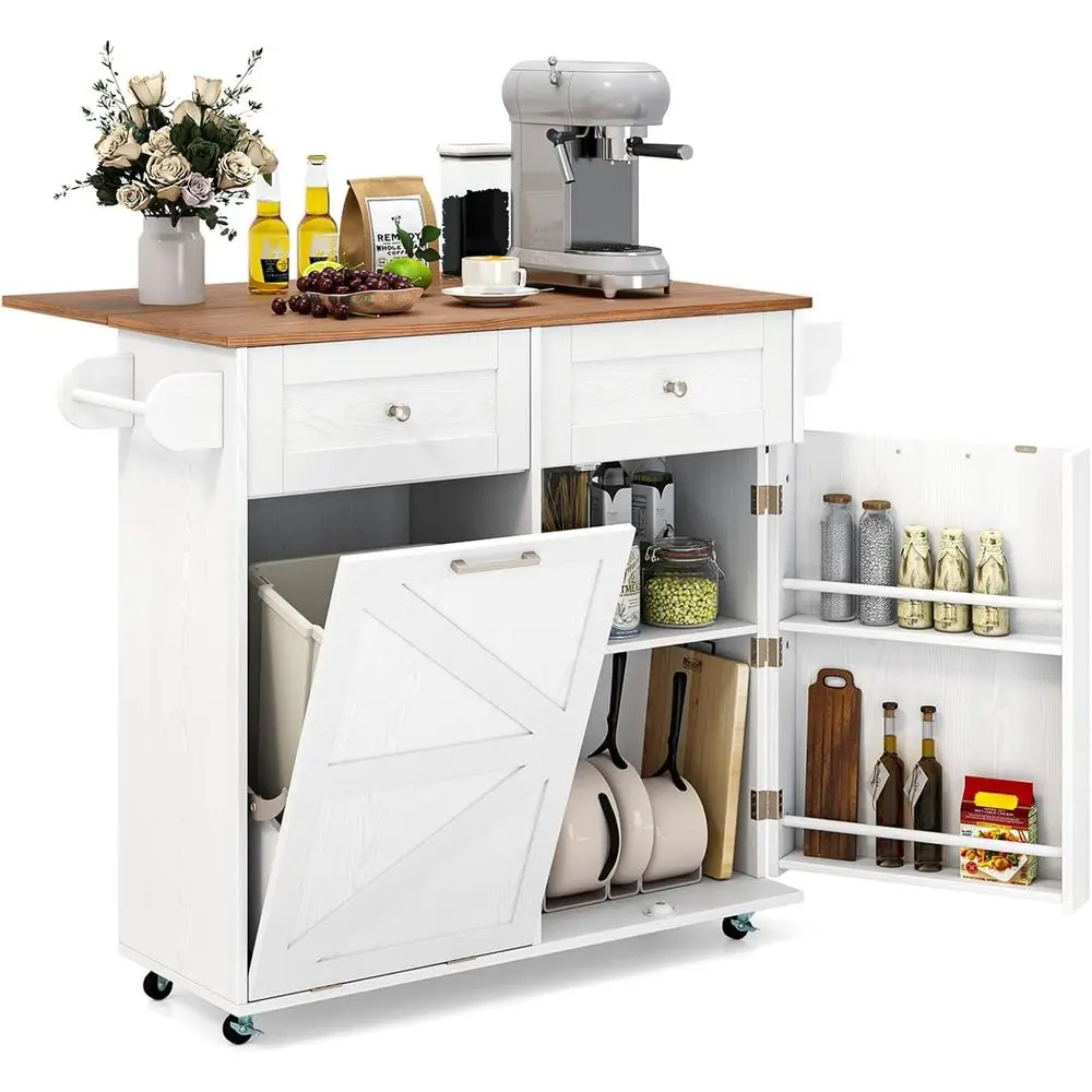 

Mobile Kitchen Island Cart with Hidden Trash Bin, Drop Leaf, 2 Drawers, Towel Bar, Rolling Breakfast Table, White & Natural Wood