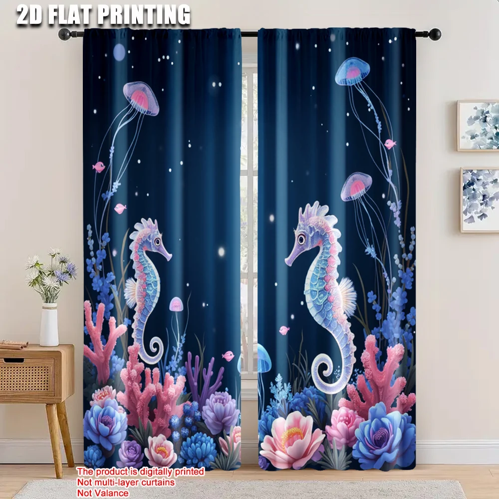

2pcs, 2D flat printing Window Drapes Coral Sea Horse Versatile Polyester,Without Electricity Wall Decor Use for Window art_Party