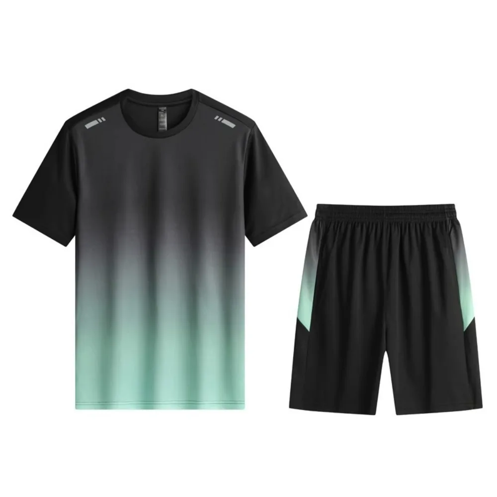 

Градиентный цвет, футболка с короткими рукавами, шорты, лоскутные дышащие летние спортивные комплекты, мужская одежда, спортивная одежда