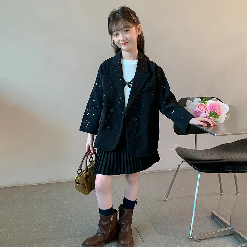 

Модный костюм для девочек: свободный пиджак с яркими стразами, однотонное пальто для подростков, весенне-осенняя верхняя одежда для детей 5-13 лет