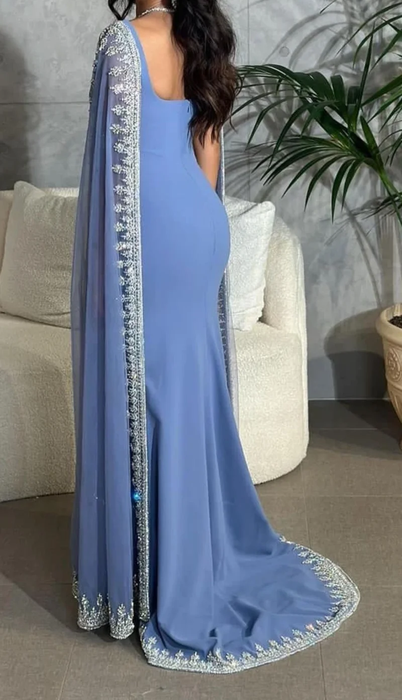 2024 arábia saudita luz azul chiffon vestidos de noite feminino elegante longo cabo formal festa baile vestido