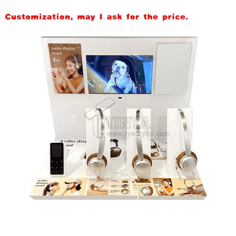 custom.Customized Acrylic Wireless Earphone Headset Display Stand LCD Screen 3 Sets Headphones Display Stand Rack