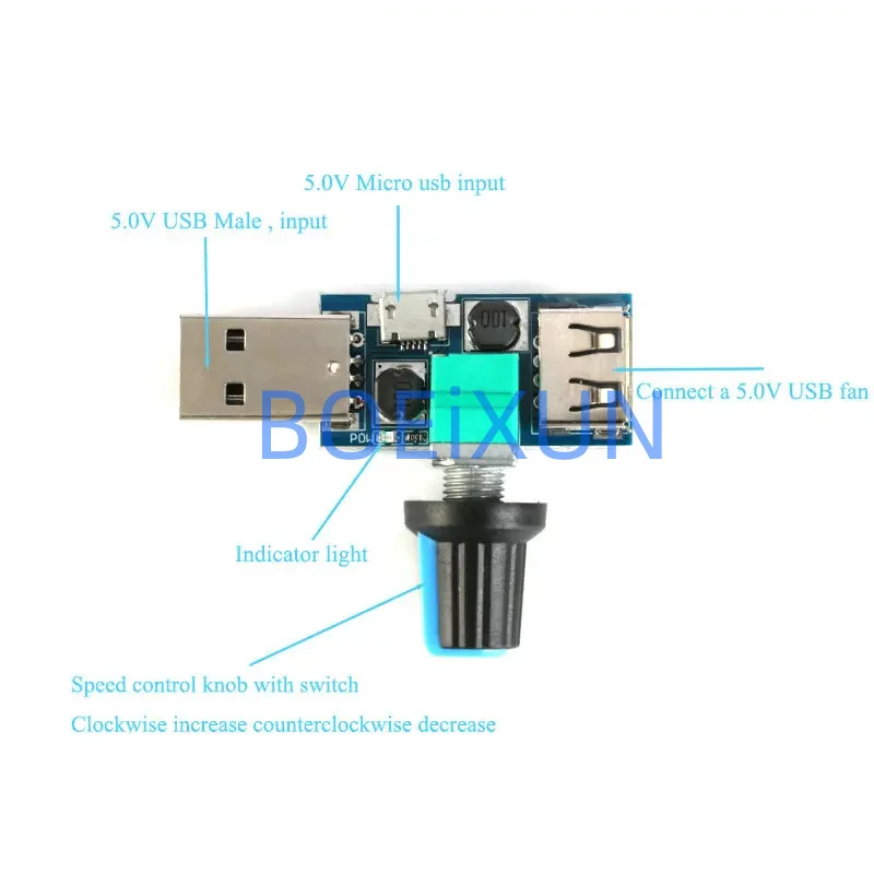 DC 5V Micro USB Fan Governor Wind Speed Controller Air Volume Regulator Cooling Mute Multifunction Noise Reduction Switch Module