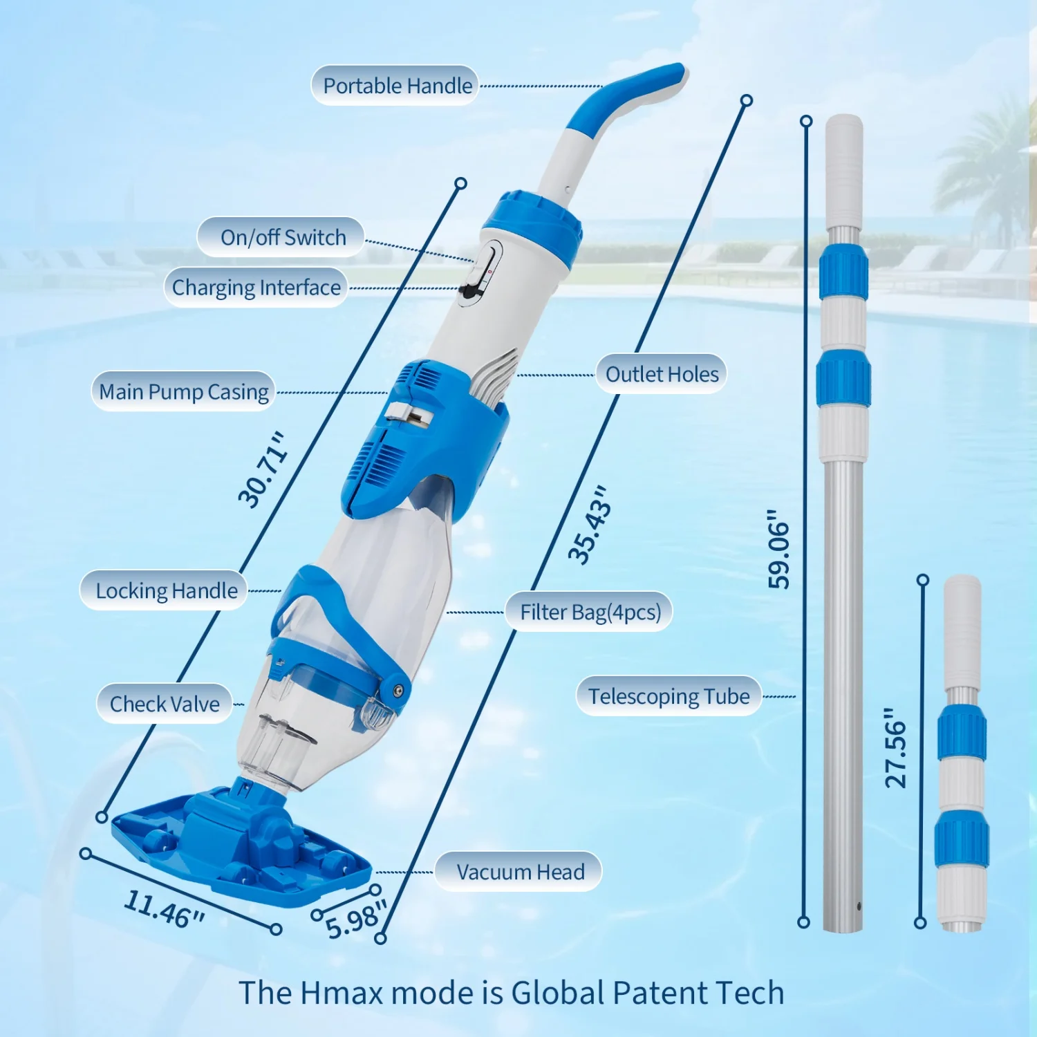 Cordless Rechargeable Pool Vacuum Cleaner, Handheld Telescopic Pole Pool Cleaner 20 Gallons/Min, Dual Gear Suction Pool Vacuum for Above Ground, In Ground Pool, Hot Tub, Spa, Leaves and Debris Cleaning