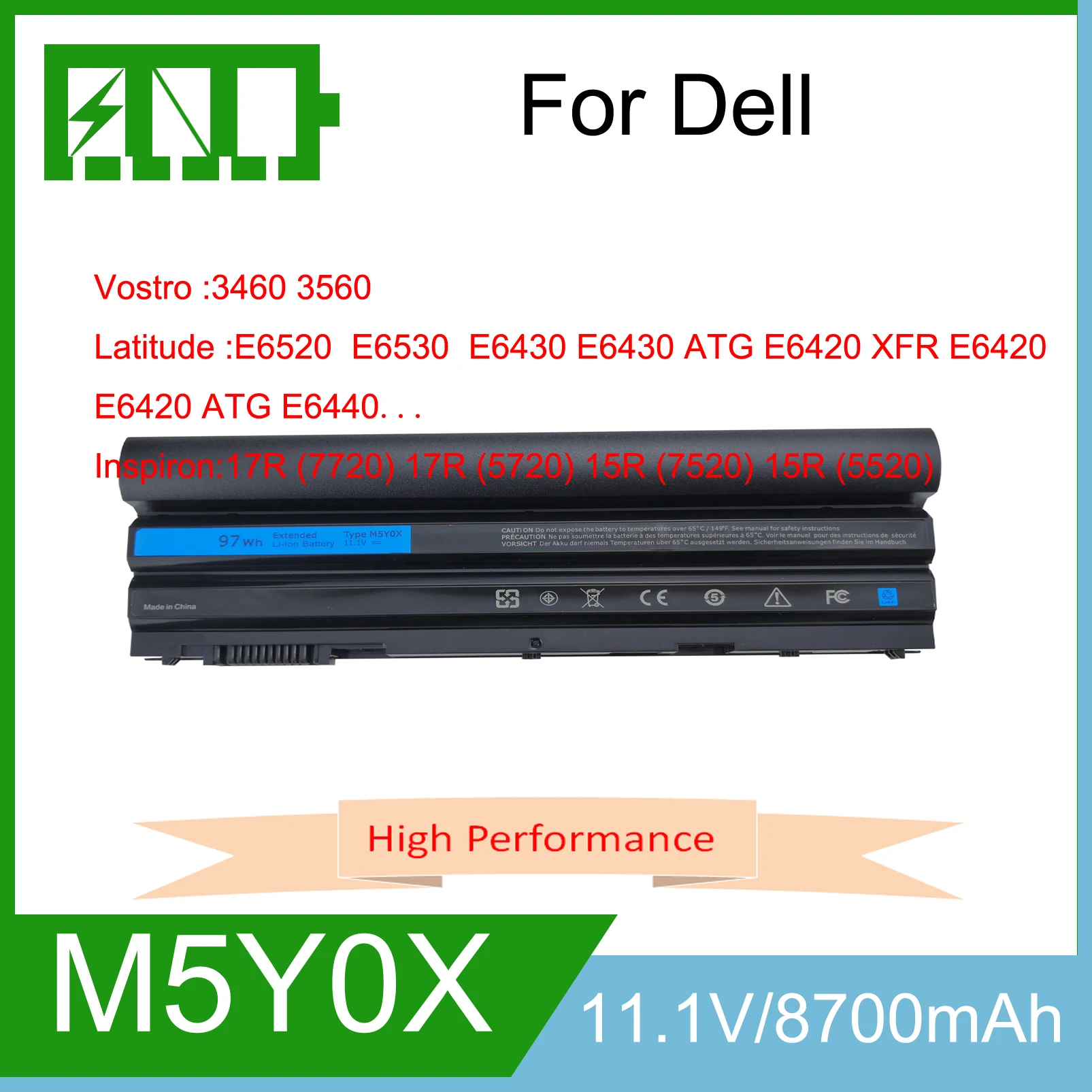 

M5Y0X Laptop Batteries For Dell E5420 E5430 E6120 E5520 M5Y0X E5530 E6420 E6420 E6430 E6520 8858x 3560 T54F3 T54FJ 8P3YX 8700mAh
