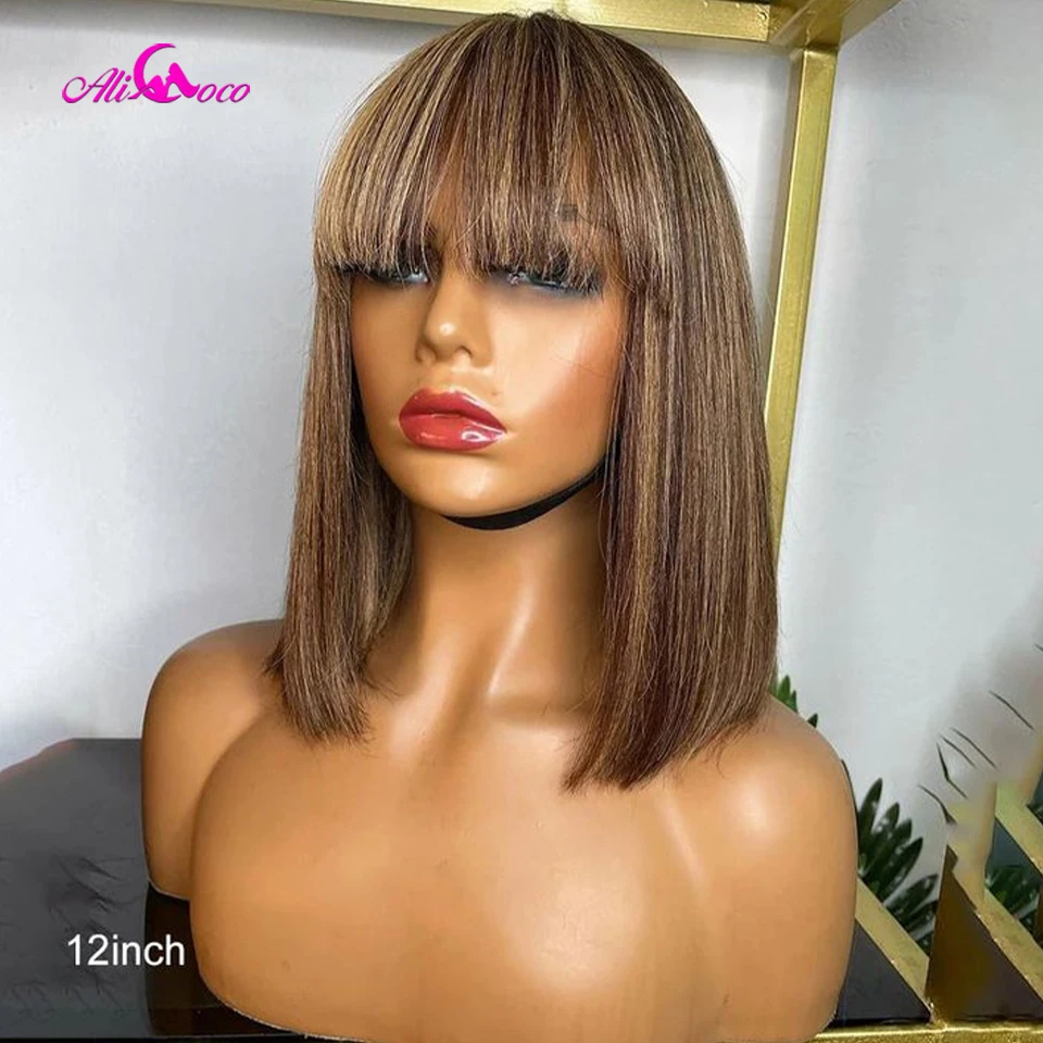 P4/27 Highlight Straight Bob Human Hair Wig With Bangs 180% Density None Lace Bob Wigs With Upgrade Breathable Bangs