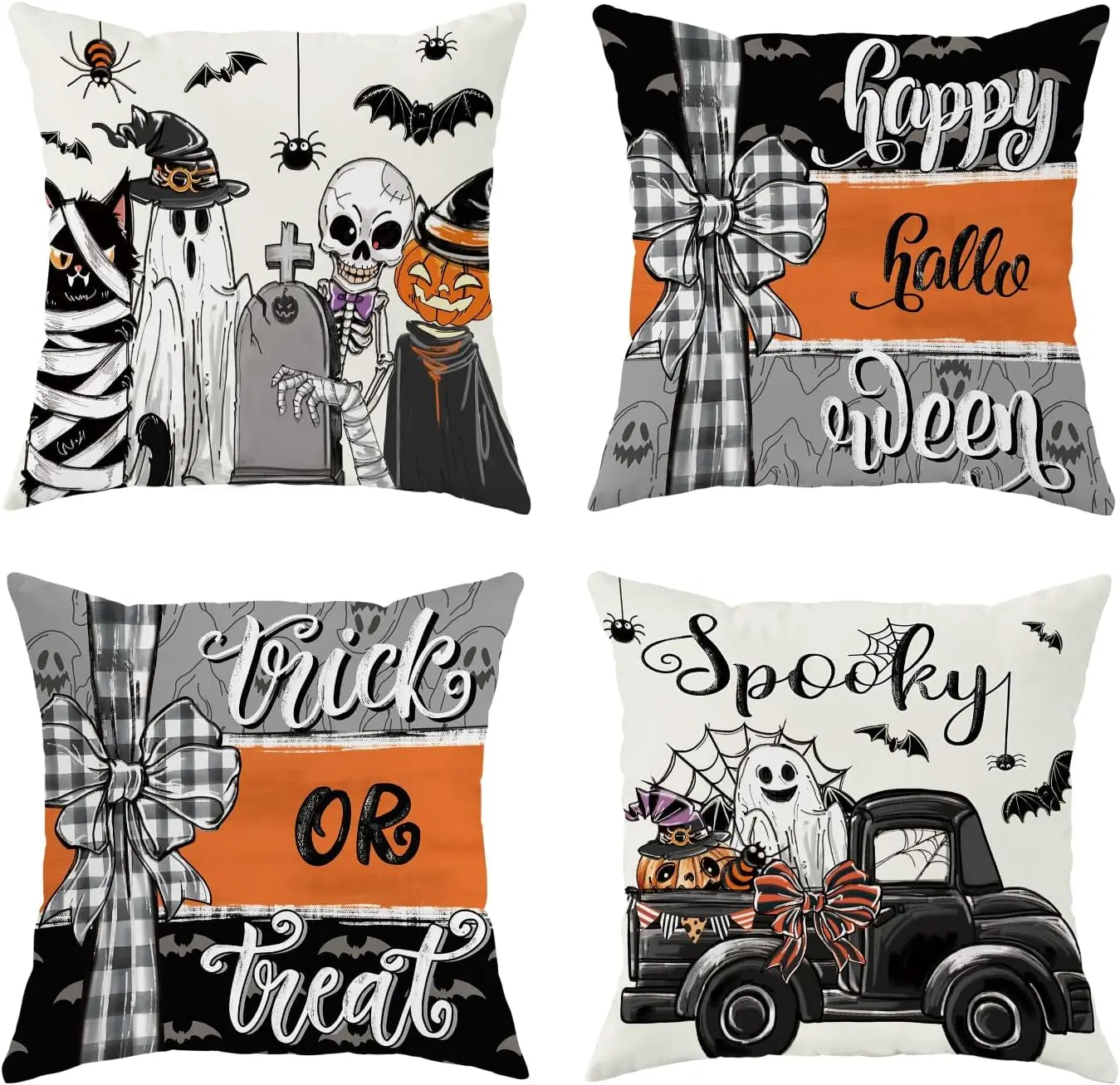 Halloween Set of 4 Double Sided Throw Pillow Covers Spooky Cat Pumpkin Ghost Top Vintage Cushion Cases Couch Sofa Decor
