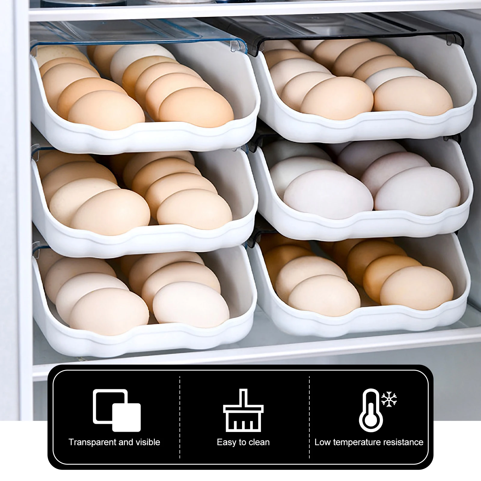 

1pc Storage Box for Refrigerator with Cover Large Capacity Plastic Egg Holder Drawer Type Egg Tray Roll Front Organizer Smooth