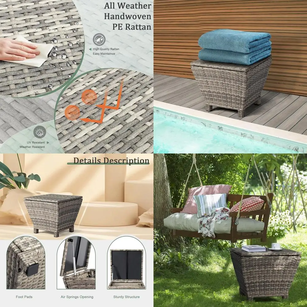 

Grey Wicker Outdoor Deck Storage Box with Lid, Small Patio Bin Container for Yard and Porch Use