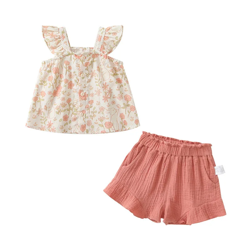 

MINISO Summer Girls Floral Sleeveless Vest Top Pocket Shorts Cute Princess Style Two Piece Sets Going Out Clothes 1-3 Years